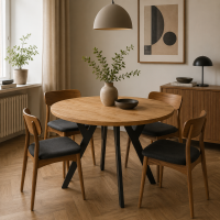 Oak round folding table with a straight edge and Etude metal legs