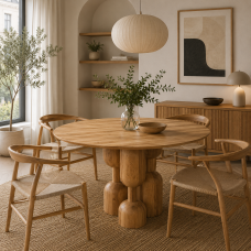 Designerski okrągły dębowy stół ze szwajcarską krawędzią na profilowanych dębowych nogach typu Goblet  