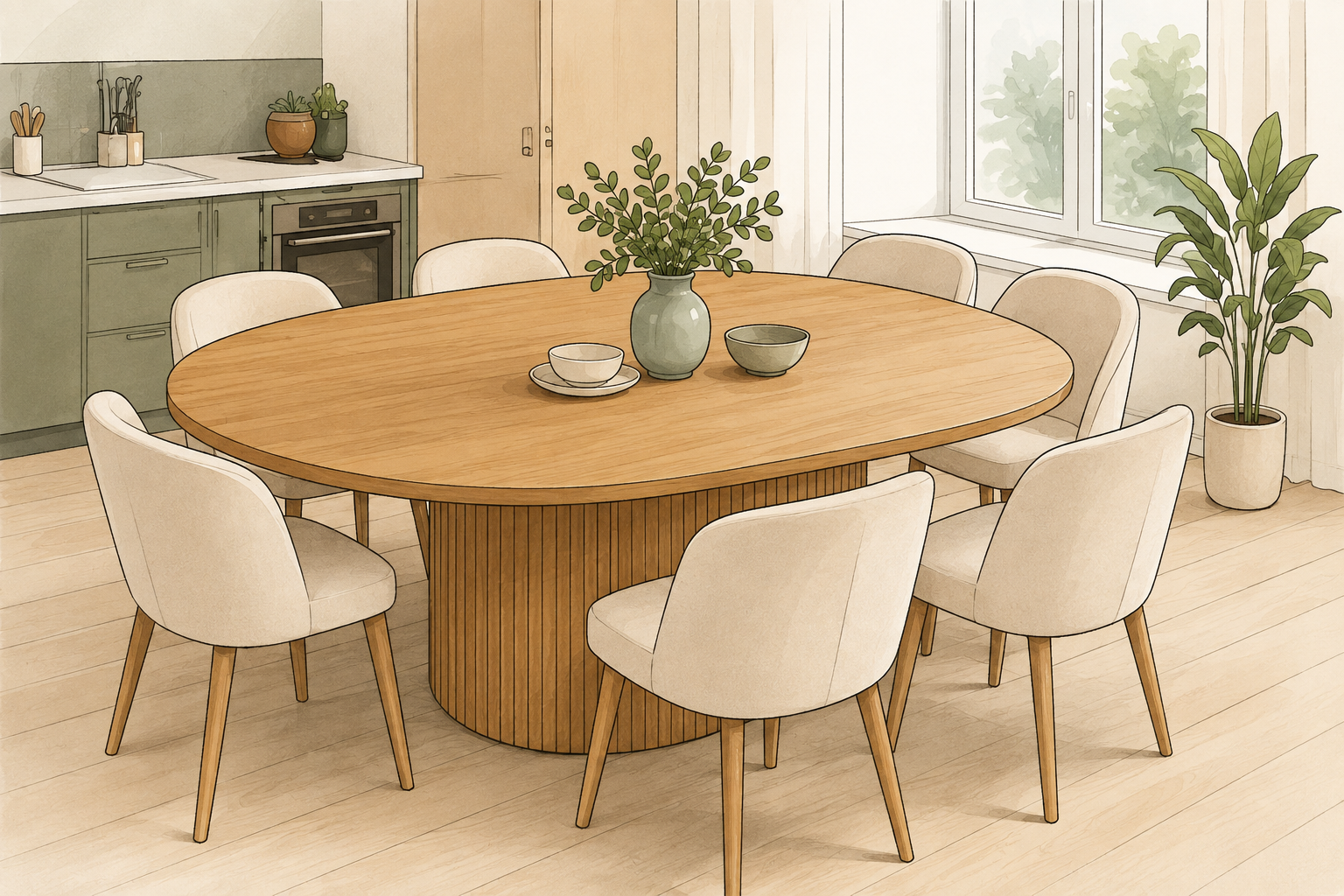 Diagram of an oval oak table for an open-plan kitchen-living room or modern dining area