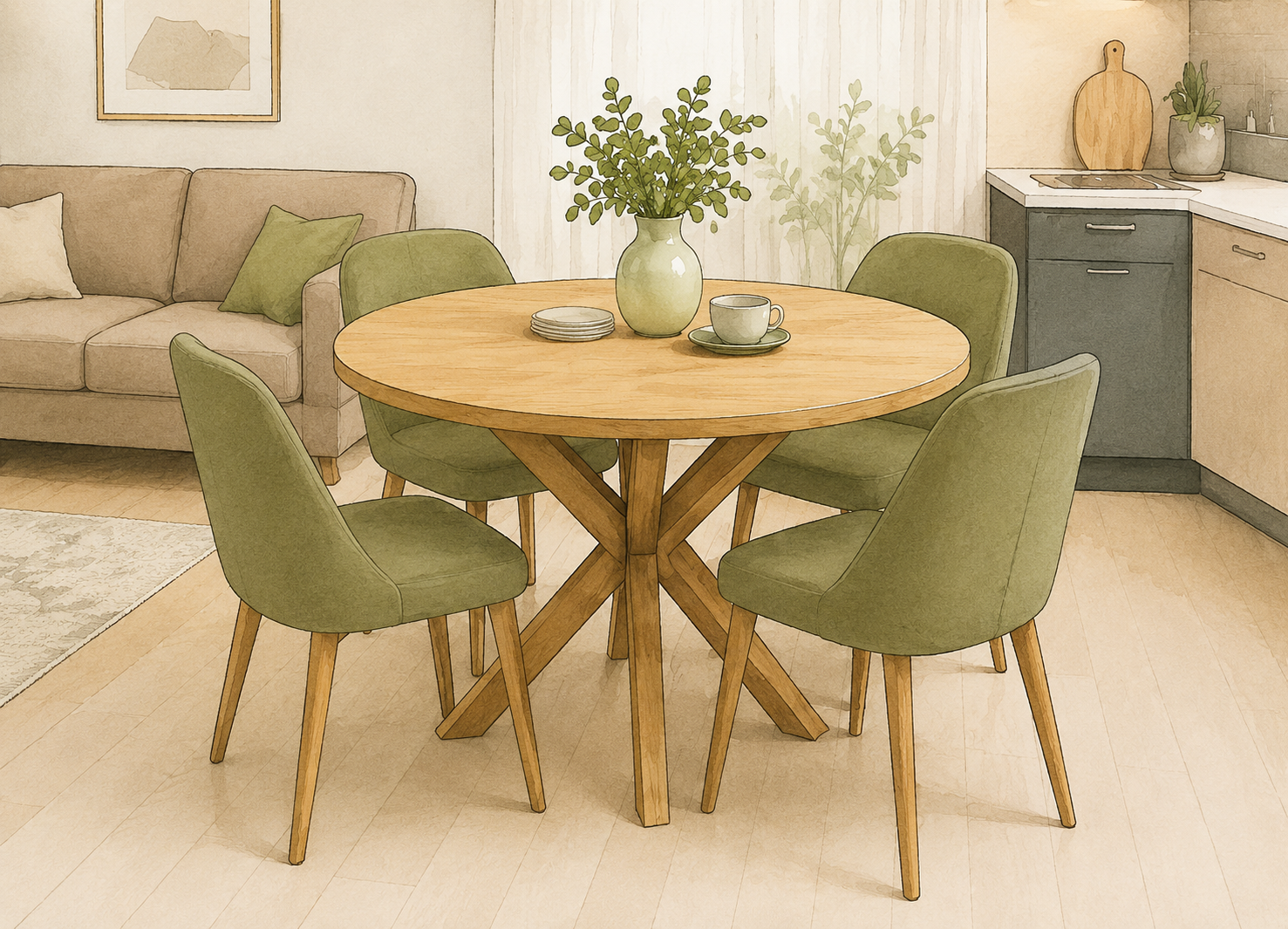 Diagram of a round oak table for a studio apartment or compact open-plan kitchen-living room