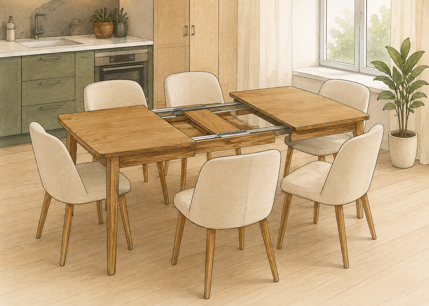 Diagram of an extendable oak table for an open-plan kitchen-living room and hosting guests